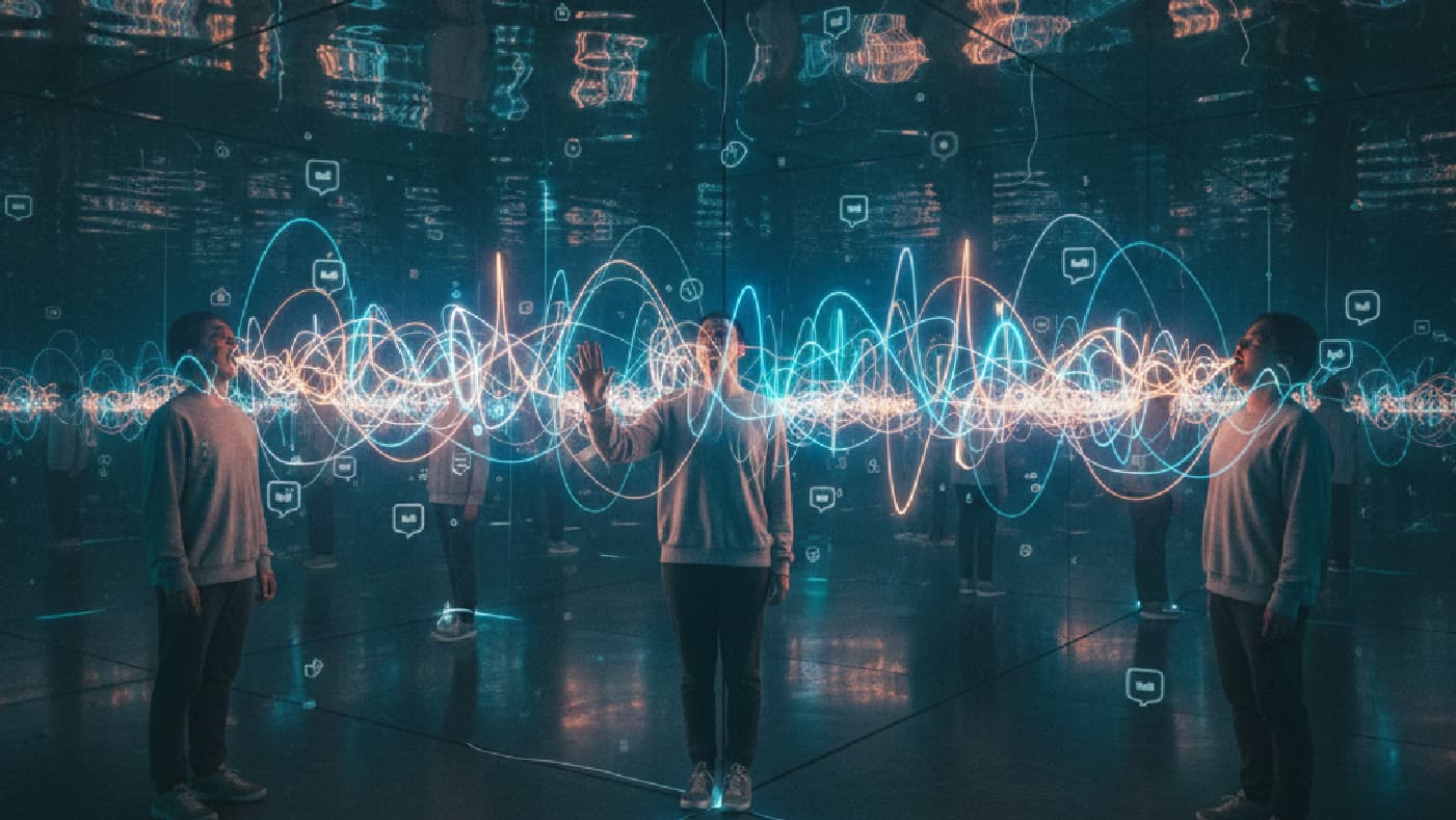 Un grupo de personas, vestidas con sudaderas grises, se encuentran en una sala oscura con paredes y suelo reflectantes. Están rodeadas por un espectáculo visual inmersivo de líneas ondulantes de luz azul y naranja que flotan en el aire, representando datos o señales digitales. Entre las líneas, aparecen iconos de burbujas de chat y otros símbolos tecnológicos. Una persona en el centro levanta la mano como si interactuara con la proyección, mientras las demás observan con asombro hacia arriba. La escena evoca una experiencia futurista de realidad virtual o una instalación de arte digital.