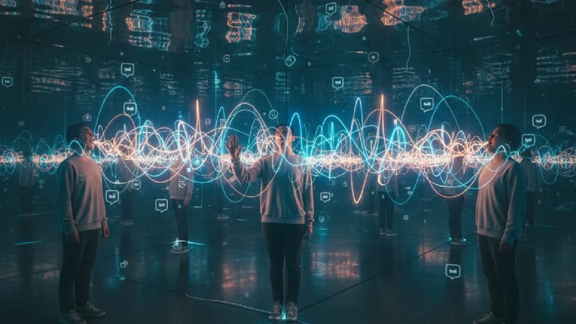 Un grupo de personas, vestidas con sudaderas grises, se encuentran en una sala oscura con paredes y suelo reflectantes. Están rodeadas por un espectáculo visual inmersivo de líneas ondulantes de luz azul y naranja que flotan en el aire, representando datos o señales digitales. Entre las líneas, aparecen iconos de burbujas de chat y otros símbolos tecnológicos. Una persona en el centro levanta la mano como si interactuara con la proyección, mientras las demás observan con asombro hacia arriba. La escena evoca una experiencia futurista de realidad virtual o una instalación de arte digital.