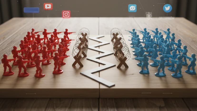 Una escena simbólica sobre una mesa de madera que representa un conflicto digital. A la izquierda, un ejército de soldaditos de juguete rojos apunta hacia la derecha, con iconos de YouTube y Instagram flotando sobre ellos. A la derecha, un ejército de soldaditos azules apunta en sentido opuesto, bajo los iconos de Twitter y Telegram. Entre ambos bandos, hay una barrera de alambre de púas y un muro de bloques blancos en zigzag, simbolizando la división o censura. La imagen evoca la polarización y la batalla ideológica en las redes sociales.