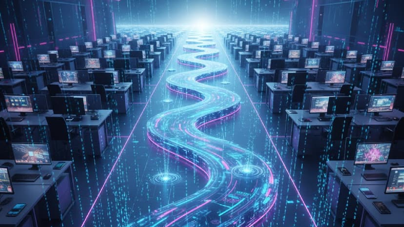 Una sala futurista infinita llena de estaciones de trabajo con computadoras encendidas, dispuestas en filas simétricas a ambos lados de un pasillo central. En el suelo, una carretera digital ondulante de luz cian y magenta fluye hacia un horizonte brillante, representando la transmisión de datos o inteligencia artificial. Líneas de código caen como lluvia digital desde el techo, mientras luces neón púrpuras resaltan las paredes. La escena evoca un centro de procesamiento masivo, una red global o una metáfora de la era de la información.