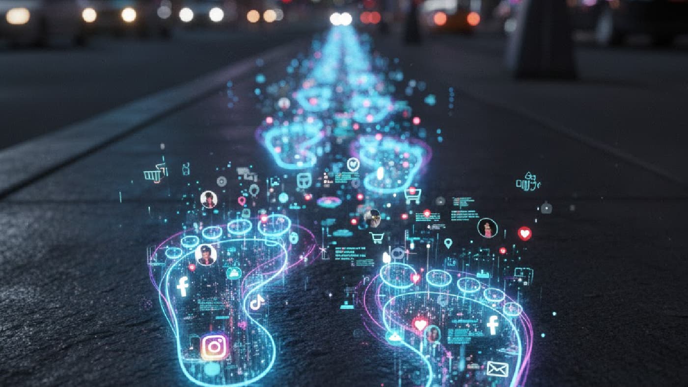 Una calle urbana oscura y desierta en la noche, donde un sendero de huellas digitales luminosas —en tonos cian y magenta— se extiende hacia el horizonte. Cada huella está compuesta por iconos flotantes de redes sociales como Facebook, Instagram y TikTok, junto con símbolos de corazón, mensajes, compras y perfiles de usuario. La escena representa la huella digital que dejamos al navegar por internet, visualizando cómo nuestras interacciones online forman un camino inmaterial pero persistente a través del mundo digital.