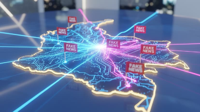Una representación digital futurista de un mapa geográfico, con bordes iluminados en dorado y una red de circuitos electrónicos en azul brillante sobre su superficie. Sobre el mapa, se ubican varias banderitas rojas con la leyenda “FAKE NEWS” en blanco, conectadas entre sí por líneas luminosas de colores rosa y cian que irradian desde un punto central brillante. La imagen simboliza la propagación rápida y viral de noticias falsas a través de redes digitales, destacando cómo se expanden y conectan en diferentes regiones.