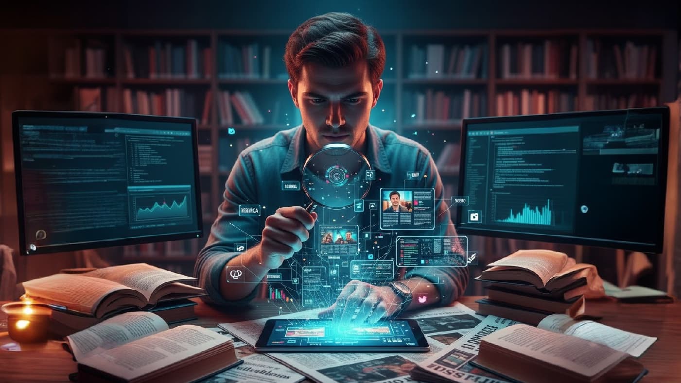Un hombre concentrado, sentado en un escritorio rodeado de libros y periódicos, examina datos digitales con una lupa. Frente a él, dos monitores muestran código y gráficos, mientras que una tableta emite una interfaz holográfica flotante con perfiles de personas, estadísticas y conexiones de red. La escena combina elementos tradicionales de investigación —libros, velas, prensa— con tecnología avanzada, simbolizando la investigación digital, el análisis de datos o la verificación de información en la era moderna,