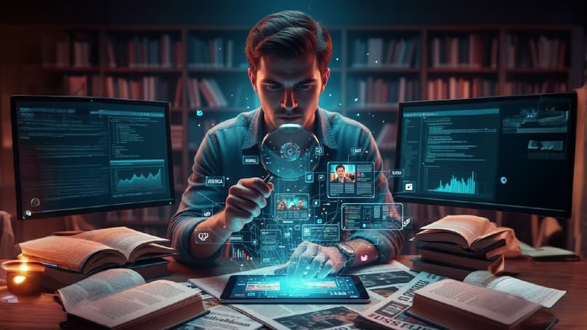 Un hombre concentrado, sentado en un escritorio rodeado de libros y periódicos, examina datos digitales con una lupa. Frente a él, dos monitores muestran código y gráficos, mientras que una tableta emite una interfaz holográfica flotante con perfiles de personas, estadísticas y conexiones de red. La escena combina elementos tradicionales de investigación —libros, velas, prensa— con tecnología avanzada, simbolizando la investigación digital, el análisis de datos o la verificación de información en la era moderna,