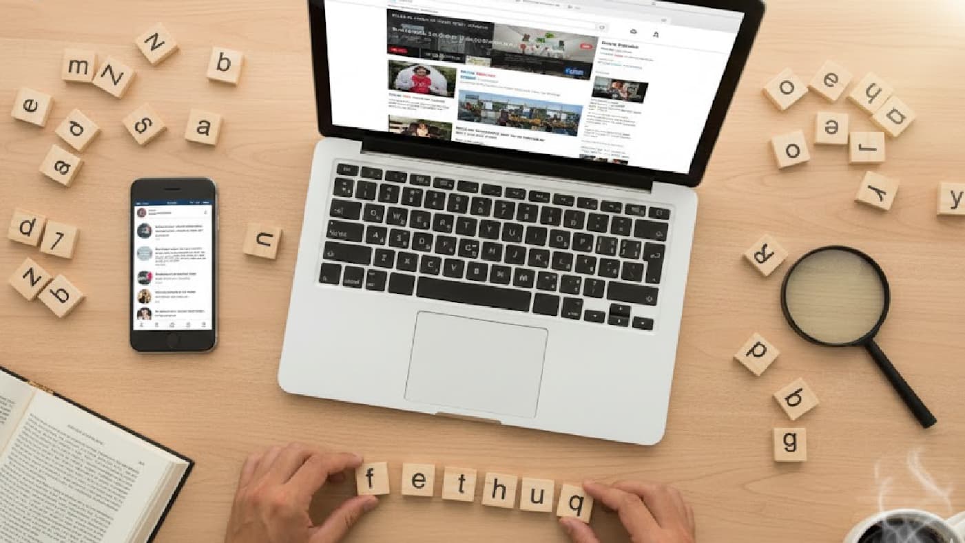 Vista cenital de un escritorio de madera donde una persona está armando palabras con fichas de madera tipo Scrabble. En el centro, un laptop muestra una página web con noticias; a la izquierda, un smartphone exhibe una interfaz de redes sociales. Alrededor, hay más fichas sueltas, un libro abierto, una lupa y una taza de café humeante. La escena simboliza la creación, búsqueda y verificación de información en la era digital, combinando herramientas tradicionales y tecnológicas.