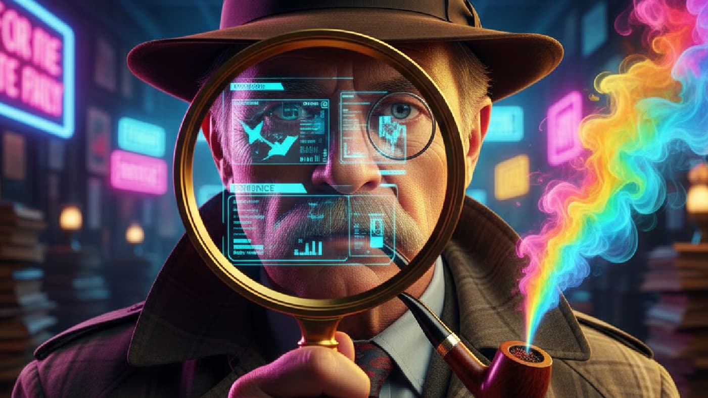 Un detective clásico con sombrero, abrigo y pipa en la boca, sostiene una lupa dorada frente a su rostro. A través de la lupa, se proyectan interfaces holográficas de datos, gráficos y símbolos tecnológicos, como si estuviera analizando pistas digitales. Del extremo de su pipa sale un humo arcoíris que se eleva en espiral, añadiendo un toque surrealista y futurista. El fondo muestra una librería o estudio con neón, fusionando el mundo del misterio tradicional con la tecnología avanzada. La imagen simboliza la investigación moderna, donde la intuición detectivesca se combina con análisis de datos y herramientas digitales.
