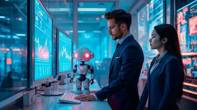 Un hombre y una mujer vestidos con trajes formales observan atentamente pantallas de computadora que muestran gráficos y datos en tiempo real. Entre ellos, un pequeño robot antropomórfico con ojos rojos brillantes parece interactuar con la información. La escena se desarrolla en una sala de control futurista con iluminación azul y roja, llenas de pantallas y tecnología avanzada. La imagen representa la colaboración entre humanos y inteligencia artificial en entornos empresariales o tecnológicos.