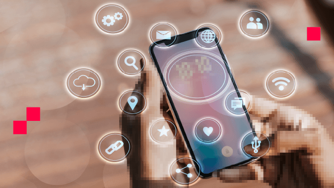 Una mano sostiene un smartphone con la pantalla encendida, rodeado por una serie de iconos flotantes luminosos que representan funciones digitales: configuración, correo, búsqueda, ubicación, nube, favoritos, redes sociales, Wi-Fi, compartir y más. El fondo está desenfocado en tonos cálidos, lo que enfatiza la interconexión y accesibilidad de las herramientas digitales en la vida cotidiana. La imagen simboliza la centralidad del teléfono móvil como hub de servicios, comunicación y tecnología personal.