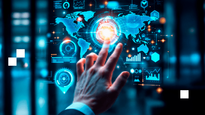 Una mano con manga de traje toca una interfaz holográfica futurista que muestra un mapa mundial en tonos azules. En el punto de contacto, una luz brillante resalta una región del globo, rodeada de gráficos, estadísticas, iconos de análisis y elementos tecnológicos flotantes. El fondo sugiere un centro de datos o sala de control digital. La imagen simboliza la interacción humana con sistemas globales de inteligencia, toma de decisiones estratégicas en tiempo real o la gestión de operaciones internacionales mediante tecnología avanzada.