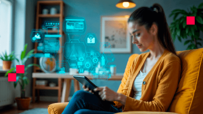 Una mujer sentada cómodamente en un sofá amarillo usa una tablet mientras flota frente a ella una red holográfica de iconos digitales en azul cian —representando seguridad, análisis de datos, automatización, comunicación y más— conectados entre sí. El entorno es un espacio hogareño moderno con plantas, estanterías y luz natural. La escena simboliza la integración de la tecnología en la vida cotidiana, el trabajo remoto inteligente o la gestión personal de servicios digitales desde casa.