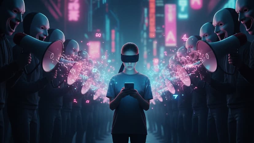 La imagen es una escena digital y distópica, ambientada en una calle urbana futurista iluminada por neones de colores rosa y azul. En el centro, una joven con los ojos vendados sostiene un teléfono móvil, completamente absorta en su pantalla. Su postura es pasiva, como si estuviera siendo bombardeada por información sin poder ver lo que la rodea.