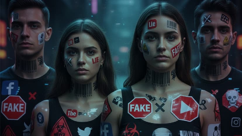 Cuatro personas con rostros y cuerpos cubiertos de etiquetas que dicen "FAKE" y "LIE", junto con logotipos de redes sociales y símbolos de peligro