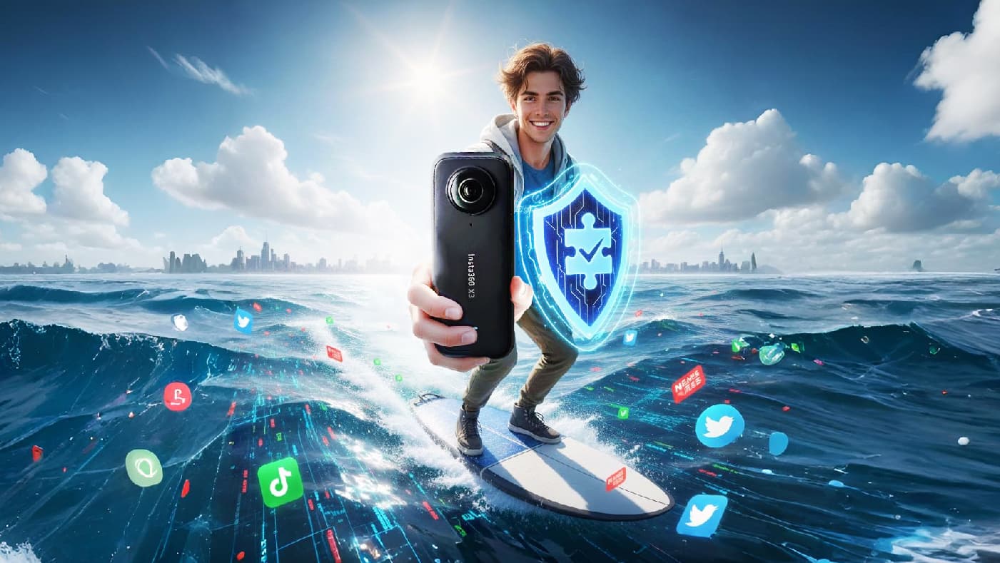 Un joven sonriente surfea sobre una ola digital en un océano vibrante, sosteniendo una cámara 360° en una mano y un escudo holográfico con un símbolo de verificación en la otra. Alrededor de él, flotan iconos de redes sociales como Twitter, TikTok y otros, mientras el agua se transforma en líneas de datos y códigos. En el horizonte, se ve una ciudad moderna bajo un cielo soleado. La escena simboliza cómo, con las herramientas adecuadas, cualquiera puede navegar con confianza por el mar de información digital —aprendiendo, participando y defendiendo la verdad— como un “héroe de la verdad” en la era de la inteligencia artificial.