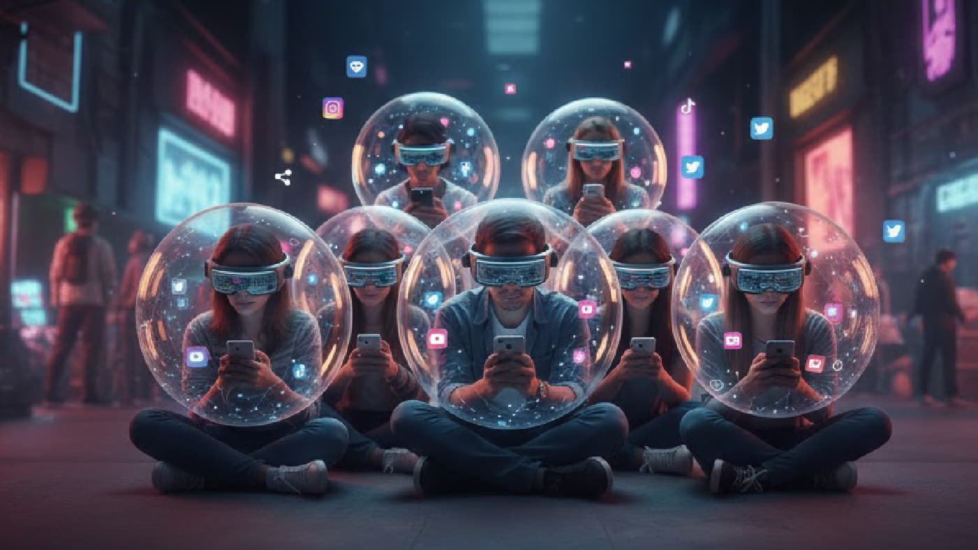 Un grupo de jóvenes está sentado en el suelo de una calle urbana nocturna, cada uno dentro de una burbuja transparente y esférica. Todos llevan gafas de realidad virtual y miran fijamente sus teléfonos móviles. Flotando alrededor de ellos, hay iconos brillantes de redes sociales como Instagram, Twitter, TikTok y YouTube. El fondo muestra una ciudad futurista con neón y luces de colores, mientras que otras personas caminan desenfocadas en la distancia. La escena simboliza la inmersión digital y el aislamiento social en la era de las redes.