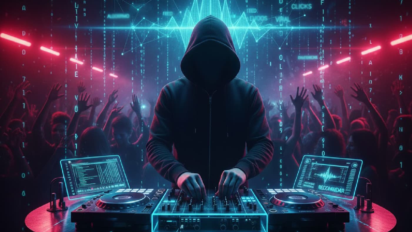 Un DJ anónimo con capucha negra y rostro oculto está detrás de una consola de mezclas en un escenario futurista. Sus manos manipulan los controles mientras dos pantallas holográficas flotantes muestran código y ondas de sonido. Detrás de él, una multitud animada levanta las manos bajo luces neón rojas y azules. En el fondo, caen columnas de código binario y palabras como “CLICKS”, “VIRAL” y “DATA”, evocando una fusión entre música electrónica, tecnología y cultura digital.