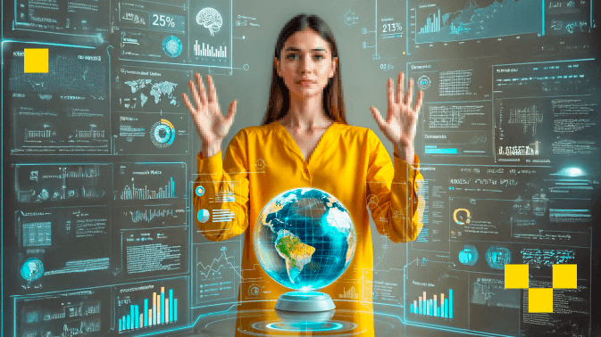 Una mujer con camisa amarilla está de pie frente a múltiples pantallas holográficas que muestran gráficos, mapas del mundo, estadísticas y datos en tiempo real. Con las manos levantadas, parece interactuar con un globo terráqueo digital flotante que proyecta América del Sur. La escena simboliza el análisis global de datos, la toma de decisiones estratégicas basada en inteligencia empresarial o la gestión de operaciones internacionales mediante tecnología avanzada.