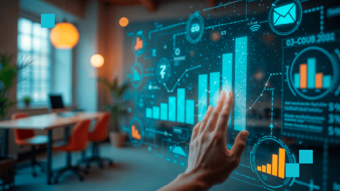 Una mano interactúa con una pantalla holográfica llena de gráficos, estadísticas y símbolos digitales en un entorno de oficina moderna. La escena representa cómo los filtros y criterios de calidad permiten navegar, seleccionar y entender la información relevante en medio de un flujo masivo de datos —simbolizando el “pequeño filtro que cambia todo” al transformar ruido en conocimiento útil.