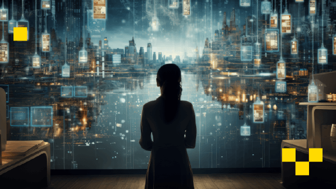 Una persona de espaldas observa una inmensa ventana digital que muestra una ciudad futurista flotante, compuesta por capas de datos, redes neuronales visuales y bloques de información que caen como lluvia. La escena simboliza cómo el aprendizaje profundo —inspirado en la estructura del cerebro humano— procesa y organiza grandes volúmenes de información para “ver” y entender el mundo, tal como lo hace la inteligencia artificial moderna.