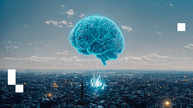 Un cerebro digital en tonos cian, compuesto por circuitos electrónicos, flota sobre una ciudad moderna bajo un cielo despejado. Desde su base, una columna de luz azul conecta con los edificios, simbolizando cómo la ingeniería de características “entrena” o “guía” a los modelos de IA, dándoles las señales adecuadas para entender y procesar el mundo real —como darle pistas a la máquina para que aprenda mejor.