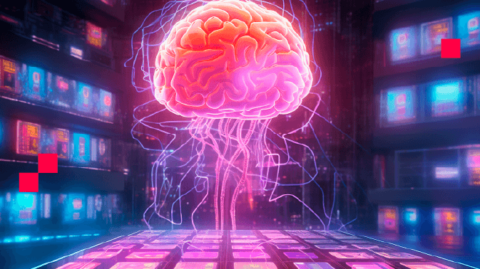 Un cerebro humano iluminado en tonos rosados y naranjas flota sobre un suelo digital de cuadrícula luminosa, con conexiones nerviosas que se extienden como tentáculos hacia pantallas de datos en un entorno futurista. La imagen simboliza cómo las redes neuronales recurrentes (RNN) “recuerdan” información previa para entender el contexto —como si el cerebro digital mantuviera una memoria activa mientras procesa secuencias de información en tiempo real.