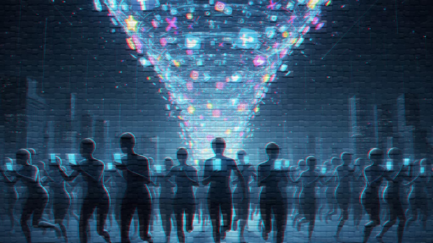 Una ilustración digital muestra una multitud de siluetas humanas caminando hacia un túnel brillante compuesto por íconos de redes sociales. Las figuras sostienen teléfonos móviles, simbolizando cómo el efecto arrastre en línea impulsa a las personas a compartir contenido viral sin verificar su veracidad, priorizando la popularidad sobre la verdad.
