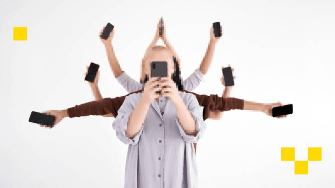 Una persona con múltiples brazos extendidos sostiene varios teléfonos móviles, como si fuera una figura mitológica moderna rodeada de pantallas. La escena, sobre un fondo blanco neutro, simboliza la saturación informativa, la multiplicidad de fuentes y la dificultad para distinguir entre lo real, lo satírico y lo falso. La imagen ilustra cómo, en la era digital, la risa puede disfrazarse de noticia —y viceversa—, desdibujando los límites entre entretenimiento, información y manipulación.