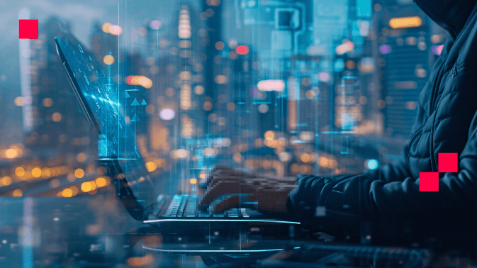 Una persona con capucha trabaja en una laptop en un entorno urbano nocturno, con luces difusas de ciudad al fondo. Sobre la pantalla flota una interfaz holográfica con datos y símbolos digitales, sugiriendo la investigación, verificación y construcción de narrativas en tiempo real. La escena simboliza la evolución del periodismo: no solo como reportaje tradicional, sino como una práctica digital, crítica y en constante diálogo con la tecnología, la ética y el contexto social —una conversación viva sobre qué significa informar hoy.