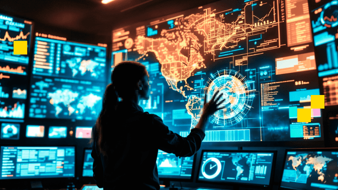 Una persona de espaldas, siluetada por la luz azul de múltiples pantallas, interactúa con una interfaz digital gigante que muestra mapas mundiales, gráficos en tiempo real y flujos de datos. La escena evoca un centro de monitoreo o control, donde la atención se dirige a captar patrones, conexiones y eventos globales. Simboliza la “cobertura epistémica”: la capacidad de los medios y sistemas informativos para mantener un “radar bien abierto” —no solo reportando hechos, sino explorando contextos, causas y consecuencias en un mundo cada vez más interconectado y complejo.