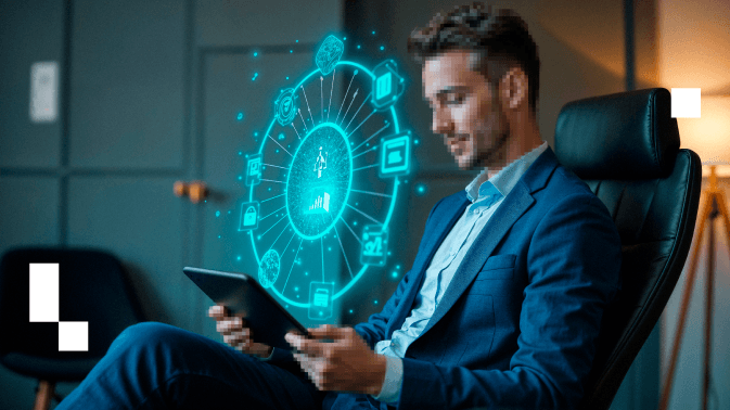 Un hombre en traje se sienta relajado en un sillón, sosteniendo una tableta mientras observa una interfaz holográfica flotante con símbolos de verificación, seguridad, datos y comunicación. La escena sugiere un proceso de evaluación crítica: ante la avalancha de información, ¿cómo decidimos qué es verdadero? Simboliza la necesidad de preguntarnos “¿a quién creemos?” cuando alguien afirma que algo ocurrió —y cómo las herramientas digitales pueden ayudarnos (o confundirnos) en esa búsqueda de confianza.