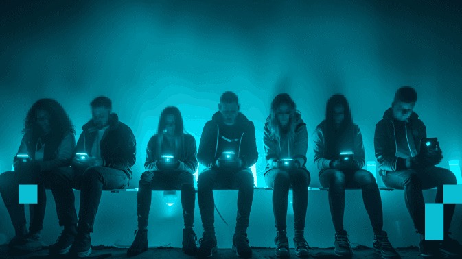 Un grupo de personas sentadas en fila, iluminadas por la luz azul de sus teléfonos móviles, miran fijamente sus pantallas en un ambiente oscuro y neblinoso. La escena simboliza cómo los humanos —como fuentes de datos— alimentan a las máquinas con información, consciente o inconscientemente. Representa la “biblioteca de la verdad para las máquinas”: no solo lo que se dice, sino cómo se dice, quién lo dice y qué queda fuera —porque lo que las IA aprenden depende de lo que nosotros elegimos compartir, ignorar o validar.