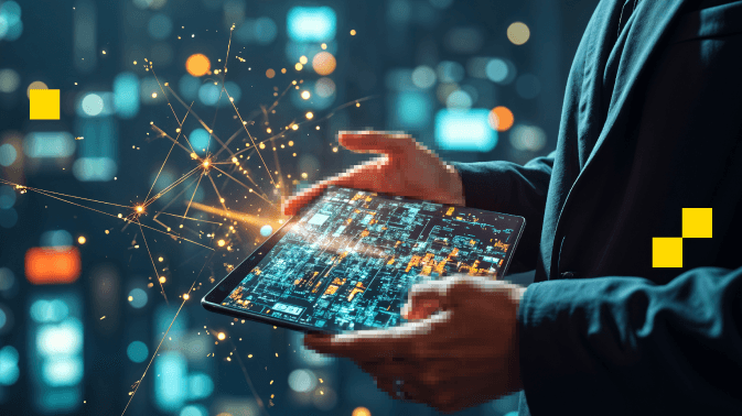 Una persona sostiene una tableta cuya pantalla emite una red de datos luminosos, con líneas y partículas que se conectan y expanden hacia el entorno. La escena simboliza el proceso de “resolución de entidades”: cómo las tecnologías digitales identifican y unifican diferentes nombres, apodos o referencias que apuntan a la misma persona, lugar o cosa —como si juntara fragmentos dispersos para reconstruir una identidad única en medio del caos informativo.